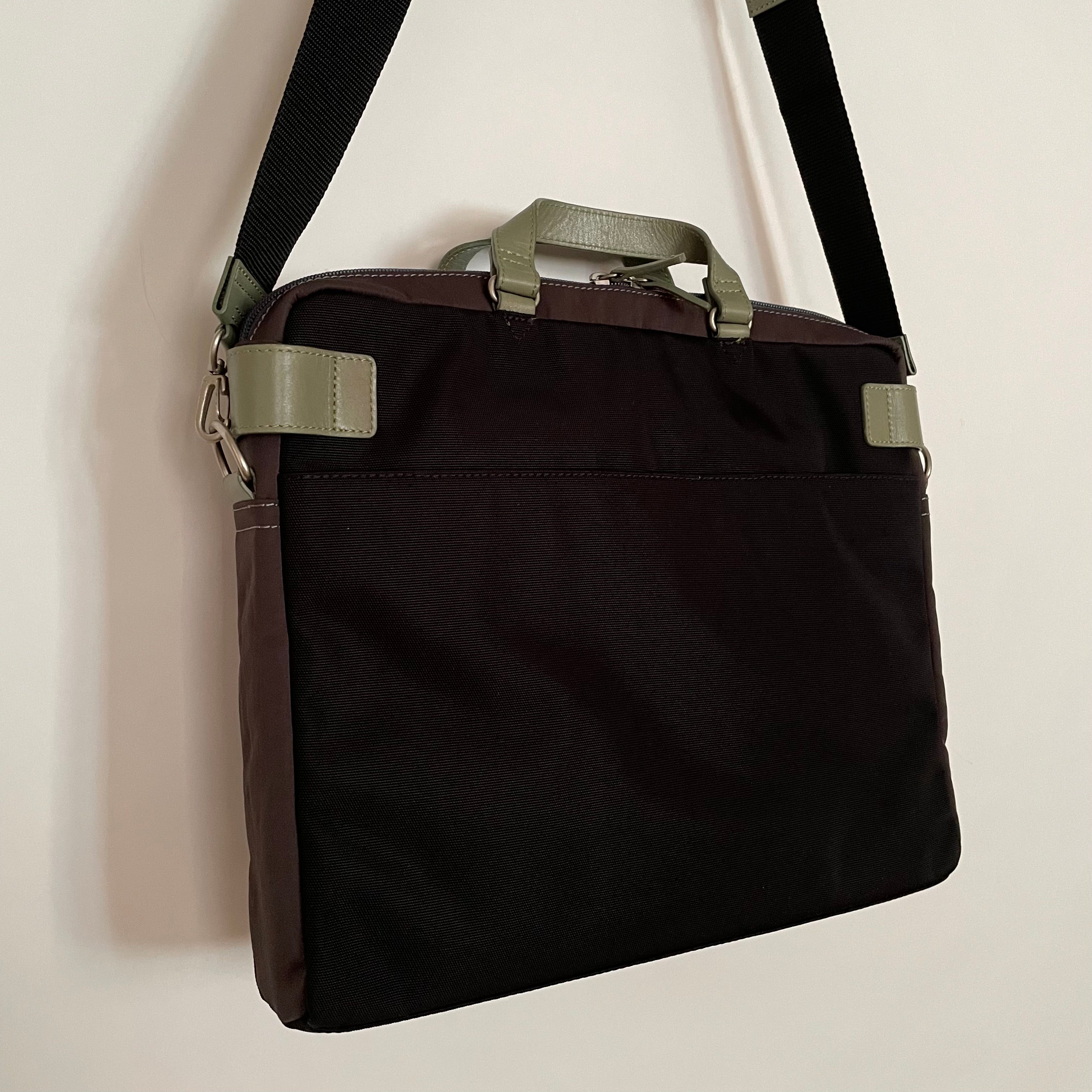 Premium Collection | Nylon x Leather Briefcase with Stripe Stitch Accents | Black x Sage